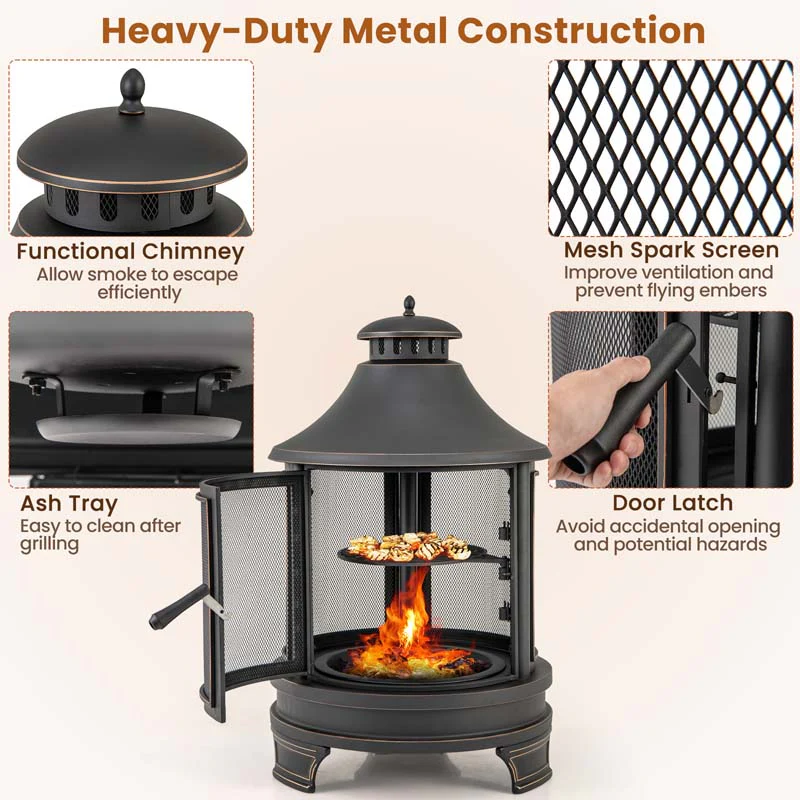 Eletriclife 30 Inch Outdoor Fire Pit Chiminea with Grill for Garden BBQ