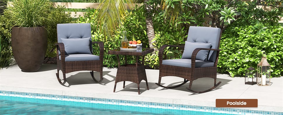Eletriclife 3-Piece Outdoor Wicker Rocking Chair Set with Cushions & Pillows, Tempered Glass Coffee Table for Porch Balcony