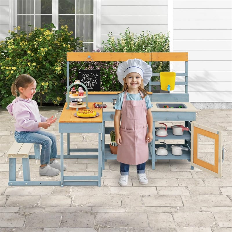 Eletriclife 2-in-1 Fir Wood Outdoor Mud Kitchen & Kids Picnic Table Built-in Bench & Blackboard