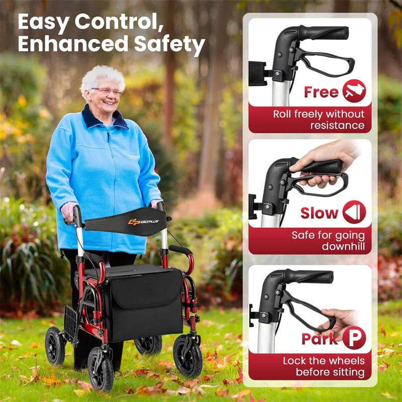 Eletriclife 2-in-1 Foldable Rollator Walker with Seat, Armrests & 9" All-Terrain Pneumatic Tires for Seniors
