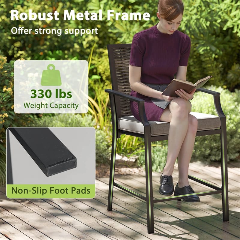 Eletriclife Outdoor Metal Bar Stools Set of 2 with Rattan Back, Armrest, Fabric Seat & Cushions