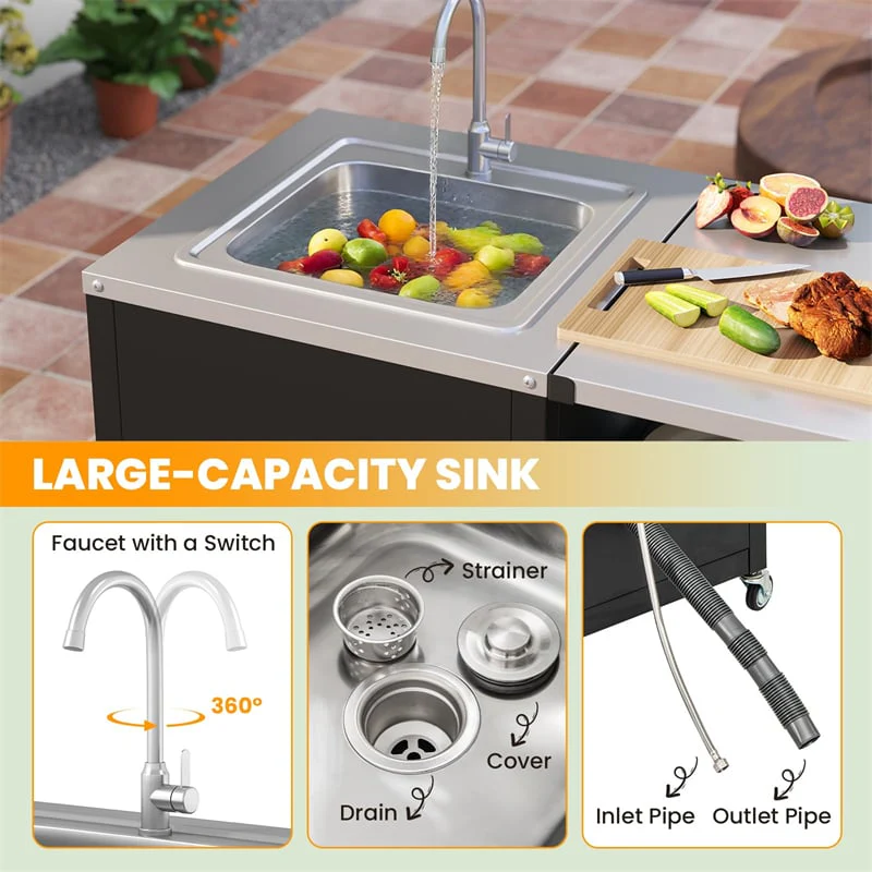 Eletriclife 80" Outdoor Grill Table Heavy Duty Metal Grill Cart with Sink & Stainless Steel Countertop