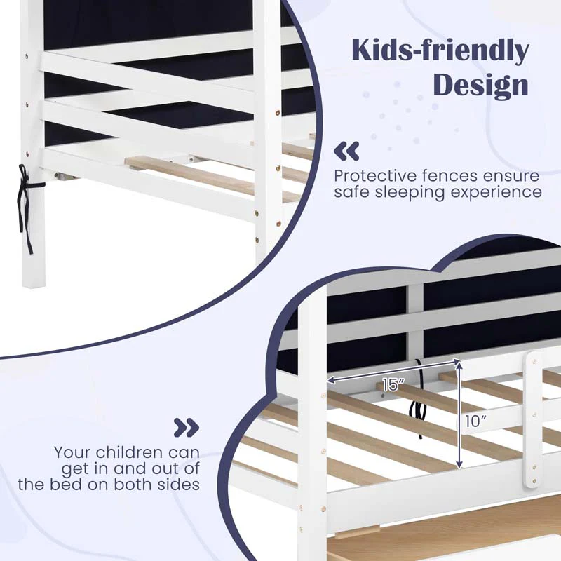 Eletriclife Kids Twin House Bed with Tent and 2 Storage Drawers