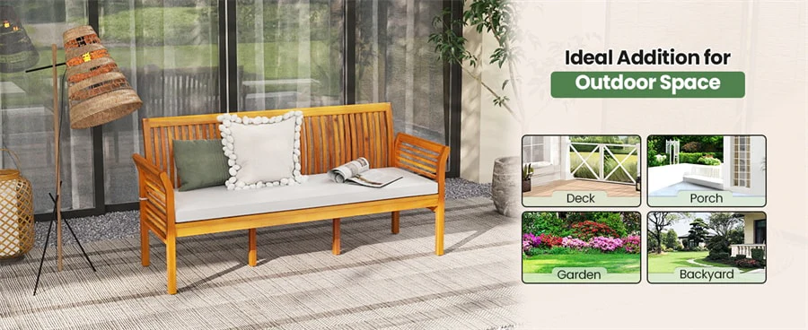 Eletriclife 62.5" 3-Person Outdoor Acacia Wood Bench with Cushion & High Backrest, 2000LBS Capacity