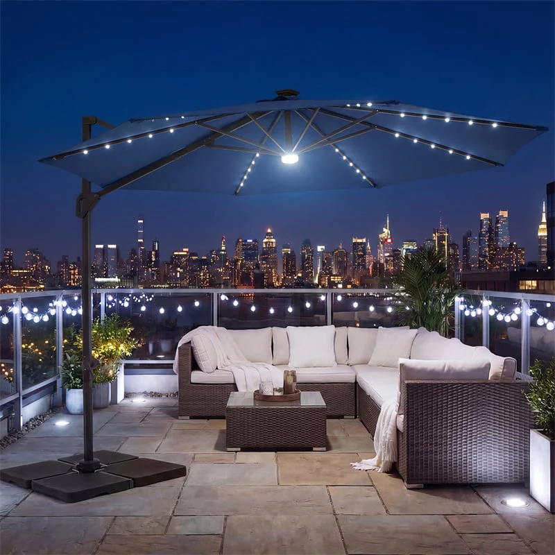 Eletriclife 10FT Cantilever Patio Umbrella with 36 Solar LED Lights 360° Rotation Offset Hanging Umbrella for Pool Yard