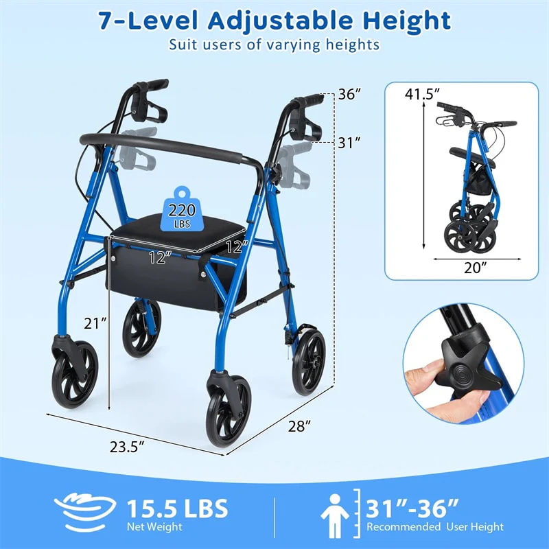 Eletriclife Lightweight Foldable Rollator Walker with Seat & Height Adjustable Handles for Seniors