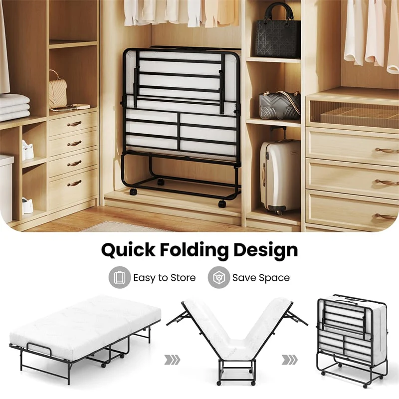 Eletriclife Twin Size Rollaway Folding Guest Bed with Memory Foam Mattress for Small Spaces