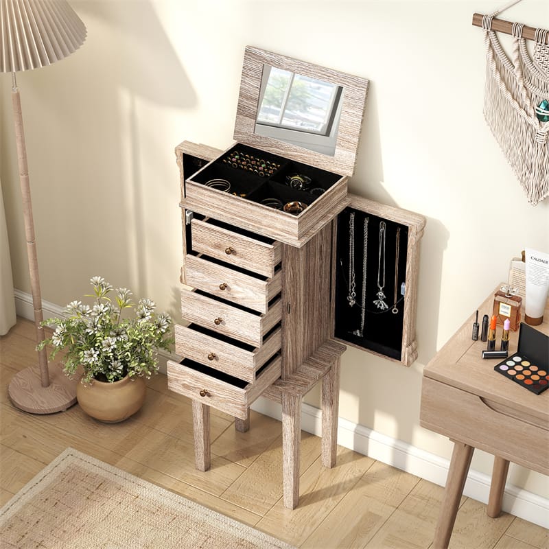 Eletriclife Standing Jewelry Armoire Cabinet with Flip Top Mirror, 5 Drawers & 2 Swing Doors