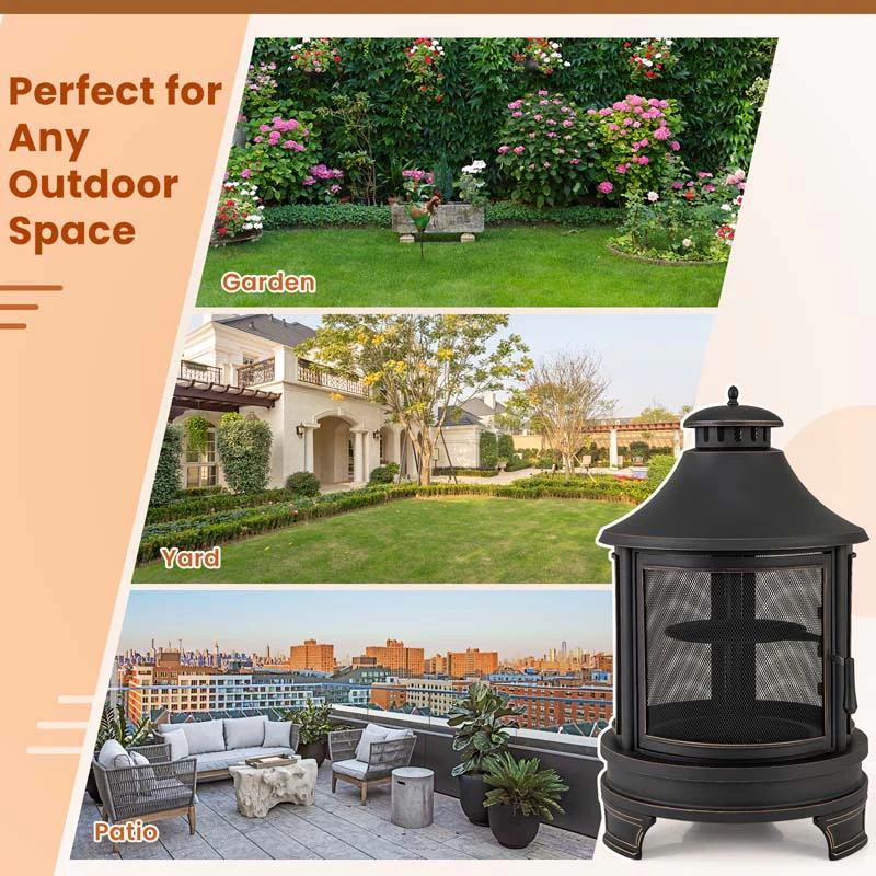 Eletriclife 30 Inch Outdoor Fire Pit Chiminea with Grill for Garden BBQ