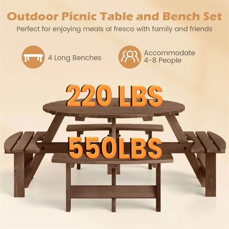 Eletriclife Oudtoor 8-Person Round Wood Picnic Table Set with 4 Built-in Benches & 2" Umbrella Hole for Patio Backyard Garden