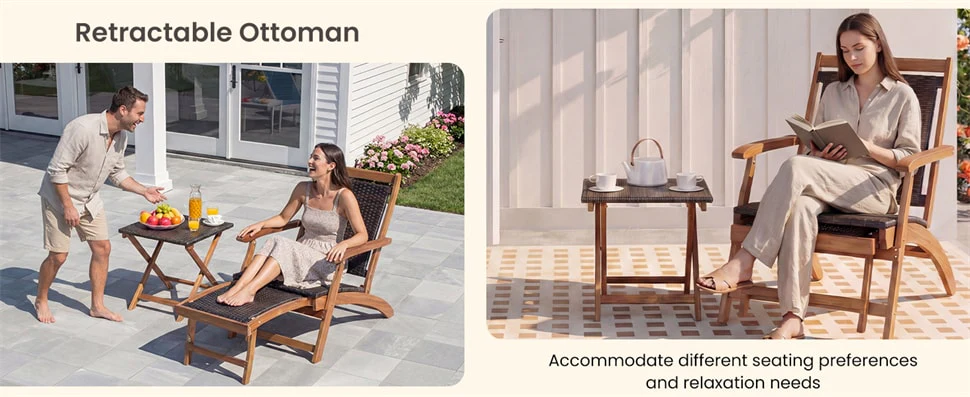 Eletriclife 3-Piece Patio Lounge Chair Set Acacia Wood Rattan Wicker Folding Chaise Lounge with Retractable Ottoman & Side Table