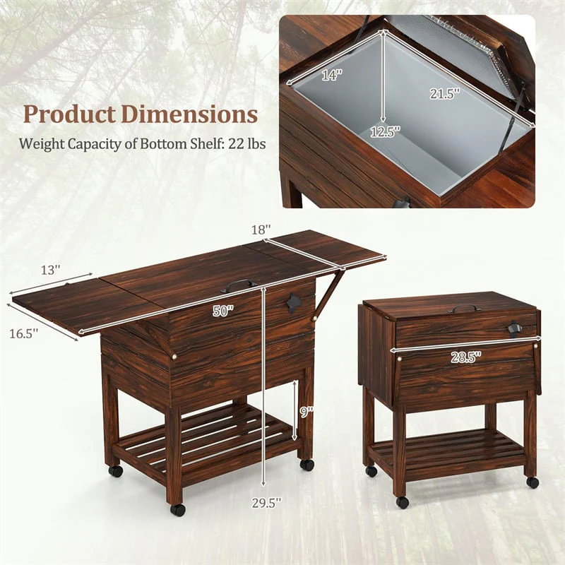 Eletriclife 54 Quart Wooden Rolling Cooler Cart Patio Ice Chest with 2 Drop Leaf Tables for Beverage Bar Party