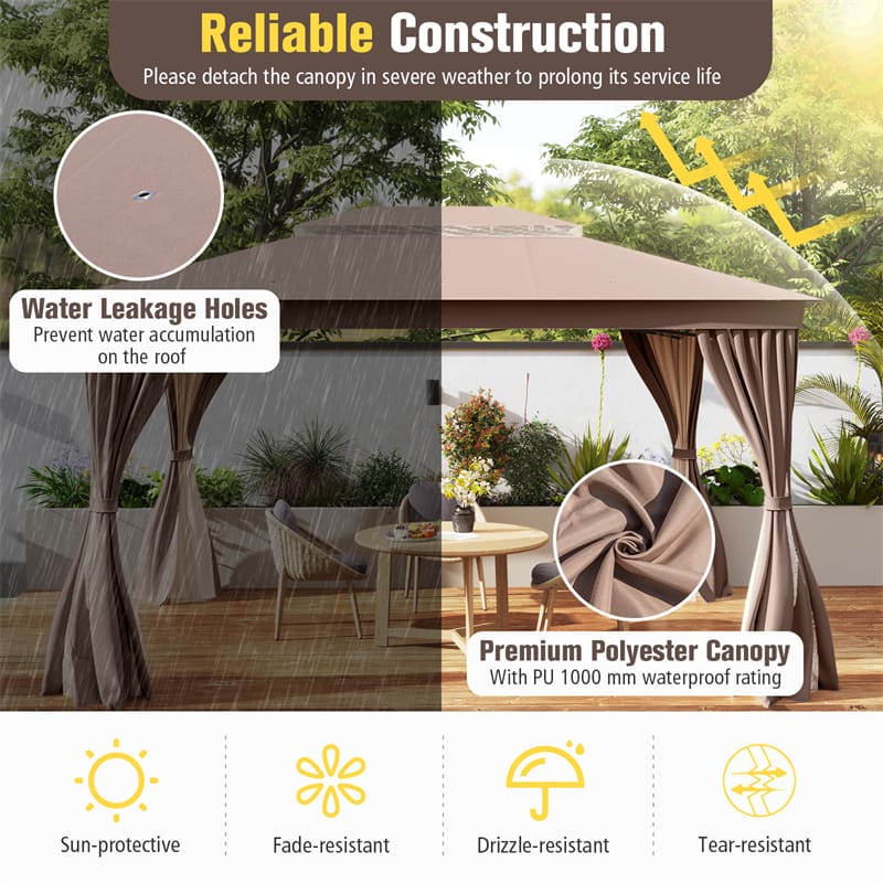 Eletriclife 10 x 13 FT Patio Gazebo Double-Roof Outdoor Canopy Tent with Mesh Netting & Privacy Curtains