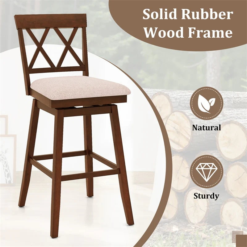 Eletriclife Set of 2 Swivel Bar Stools 29" Bar Height Chairs with Back, Padded Seat & Rubber Wood Frame for Kitchen Island