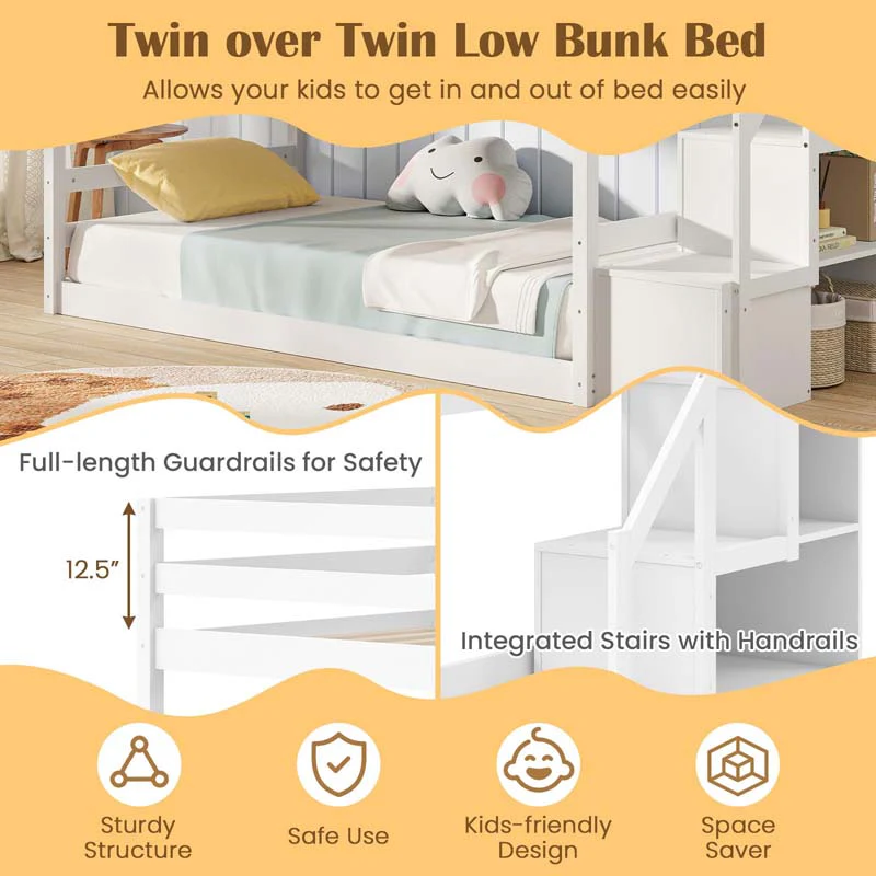Eletriclife Twin Over Twin Low Bunk Bed Frame with Storage Stairs