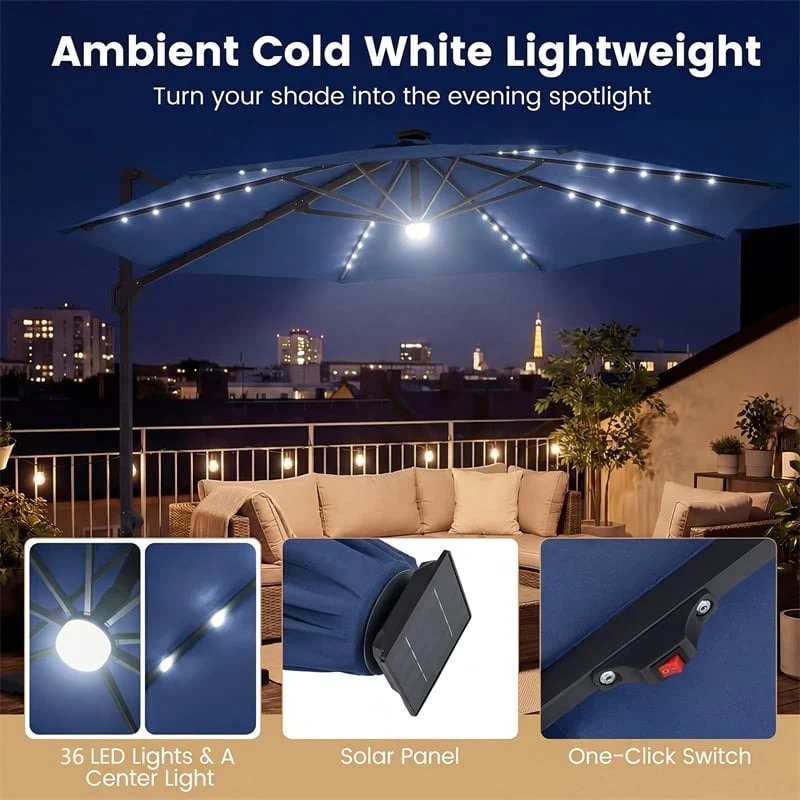 Eletriclife 10FT Cantilever Patio Umbrella with 36 Solar LED Lights 360° Rotation Offset Hanging Umbrella for Pool Yard