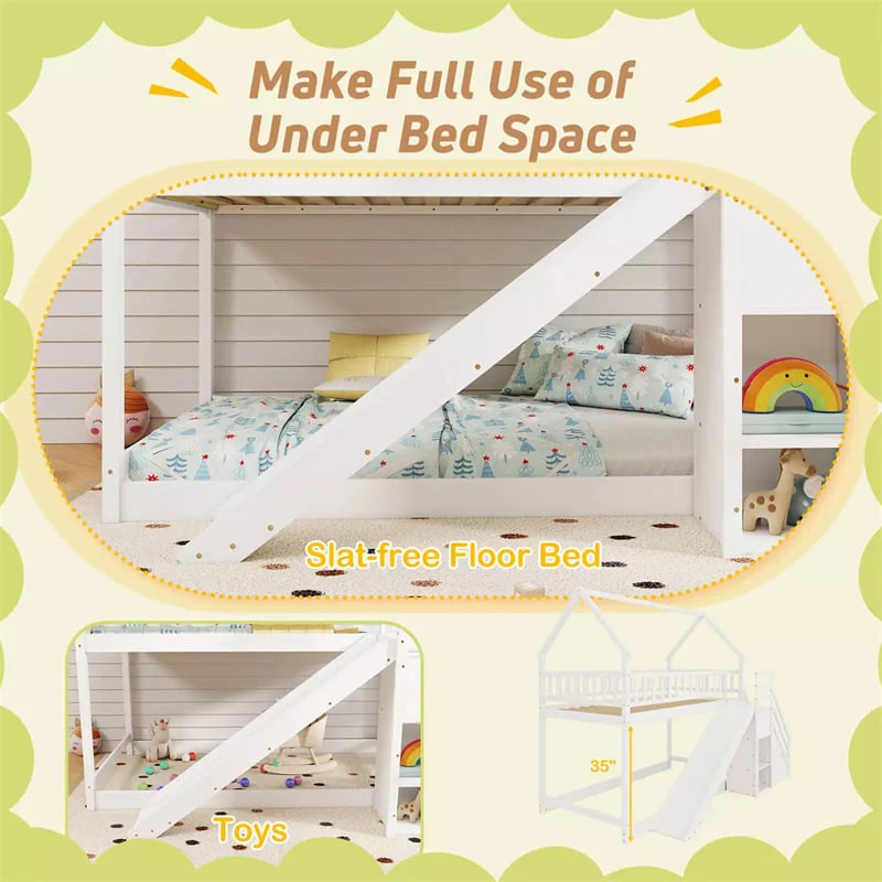 Eletriclife Twin Over Twin House Bunk Bed with Slide Staircases