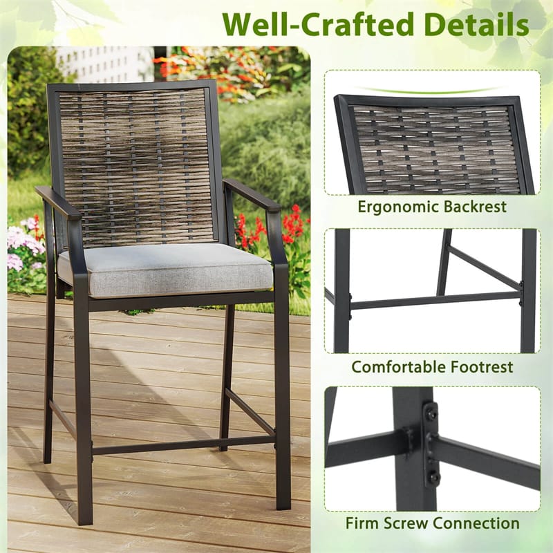 Eletriclife Outdoor Metal Bar Stools Set of 2 with Rattan Back, Armrest, Fabric Seat & Cushions