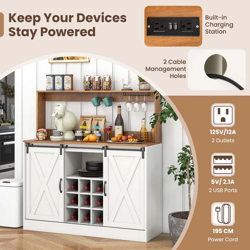 Eletriclife Farmhouse Coffee Bar Cabinet with Built-in Charging Station & 2 Sliding Barn Doors