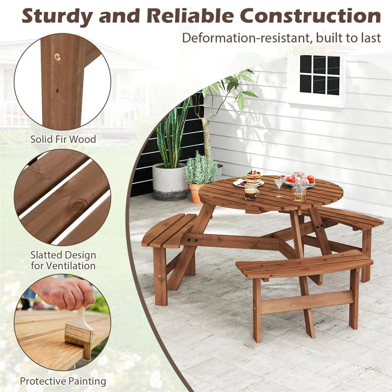 Eletriclife 6-Person Outdoor Round Wood Picnic Table Set with 3 Built-in Benches & 2" Umbrella Hole