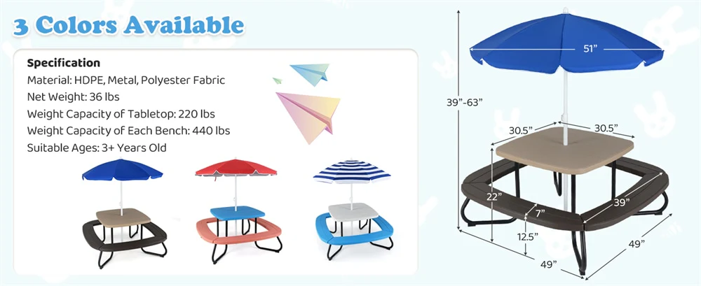 Eletriclife Outdoor 8-Person Kids HDPE Picnic Table Bench Set with Removable & Foldable Umbrella