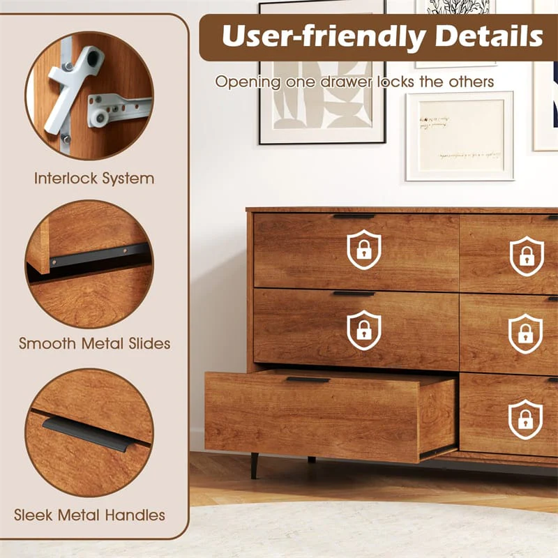 Eetriclife Mid-Century Modern 6-Drawer Dresser with Anti-Tip Interlock System