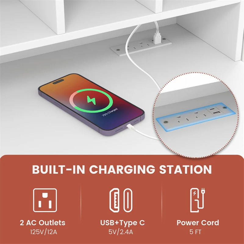 Eletriclife 48" Computer Desk with Built-in Charging Station 5-Cubby Hutch & 2 Storage Drawers for Home Office