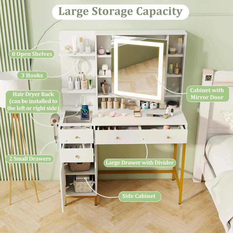 Eletriclife Makeup Dressing Table and Stool set with 3 Lighting Modes and Cabinet