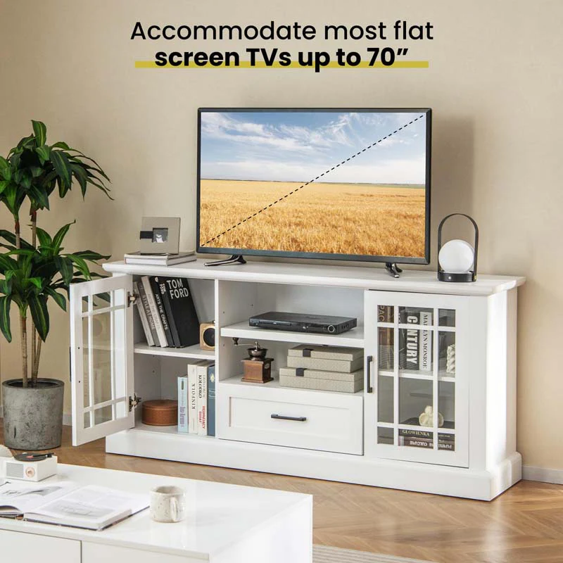 Eletriclife TV Stand for TVs up to 70 with Glass Doors Cubbies and Drawer