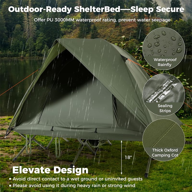Eletriclife 2-Person Camping Cot Tent Combo 3-in-1 Folding Off-Ground Elevated Cot Bed with Pop Up Shelter for Outdoor Hiking