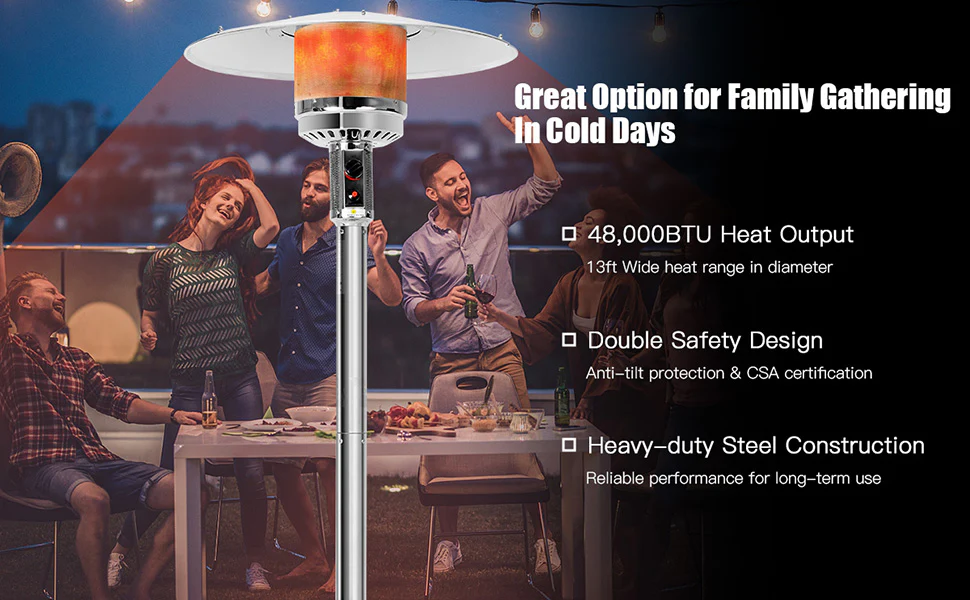 Eletriclife 50,000 BTU Propane Patio Heater Standing Stainless Steel Outdoor Heater with Wheels