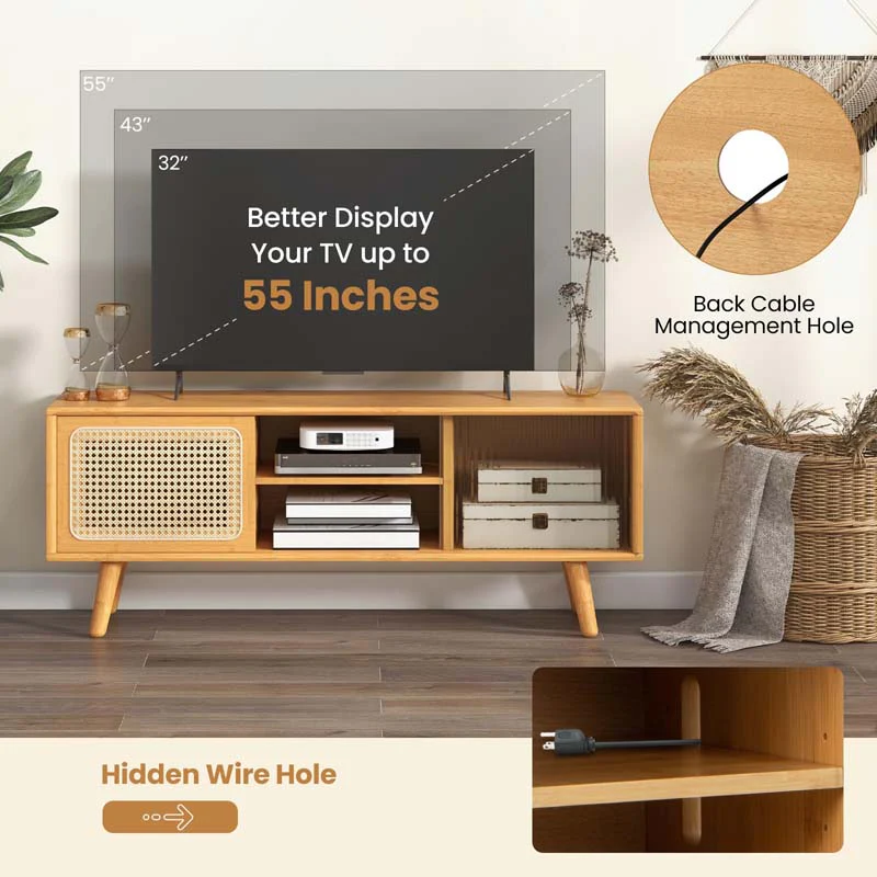 Eletriclife Modern TV Stand with Rattan Glass Sliding Doors