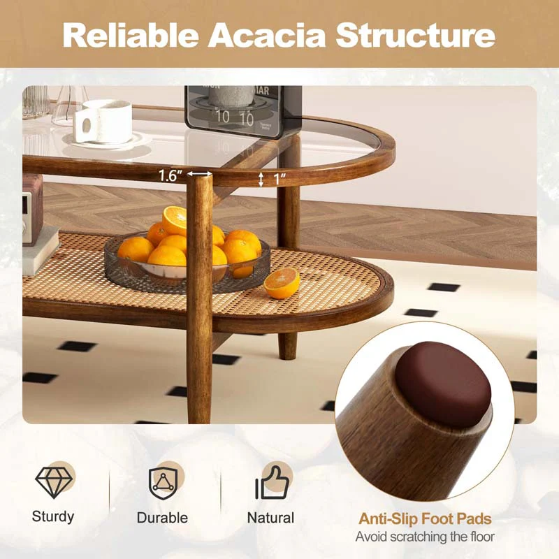 Eletriclife 2-Tier Coffee Table with Tempered Glass Tabletop and Acacia Wood Frame