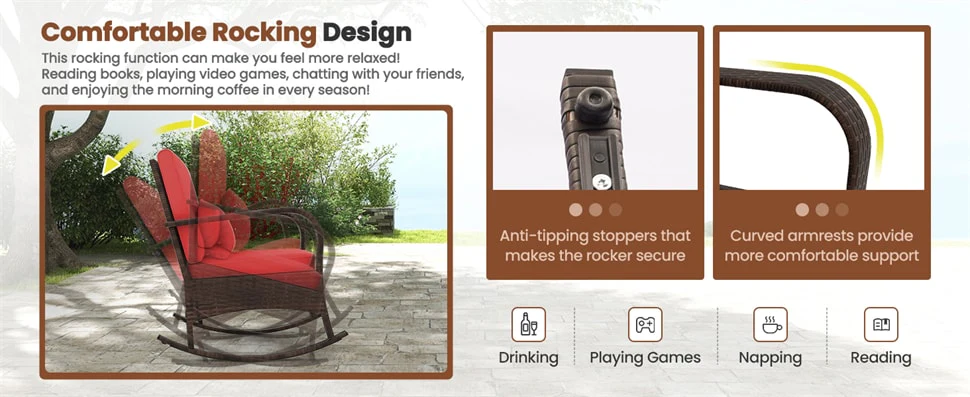 Eletriclife 3-Piece Outdoor Wicker Rocking Chair Set with Cushions & Pillows, Tempered Glass Coffee Table for Porch Balcony