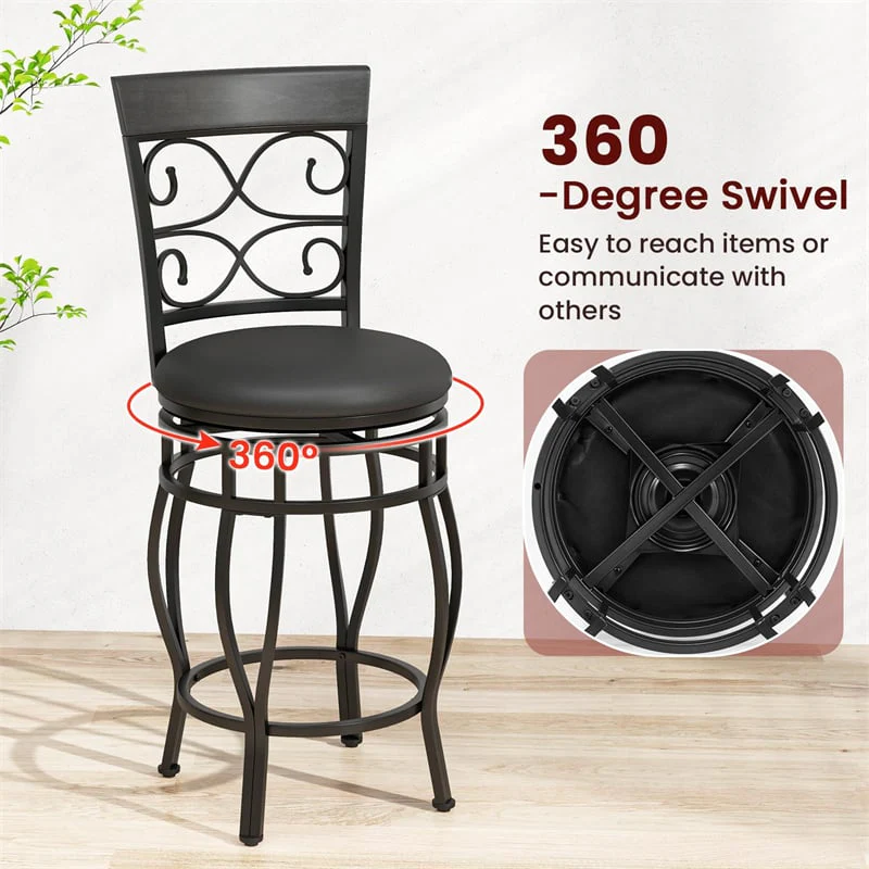 Eletriclife 26" Swivel Metal Bar Stools Set of 2 Vintage Upholstered Counter Height Bar Chairs with Back for Kitchen Island, Pub