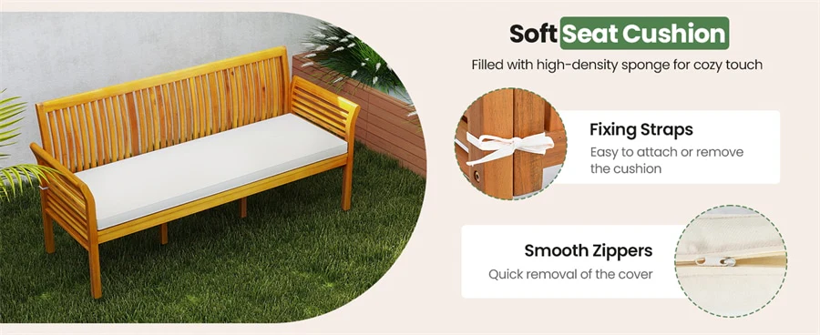 Eletriclife 62.5" 3-Person Outdoor Acacia Wood Bench with Cushion & High Backrest, 2000LBS Capacity