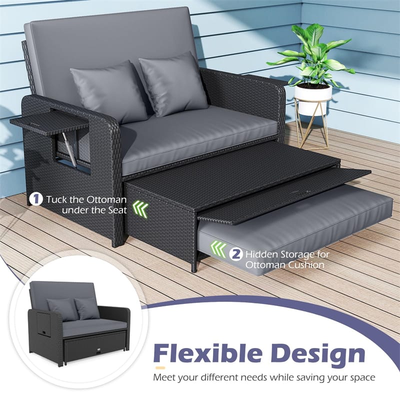 Eletriclife Patio Rattan Daybed Outdoor Wicker Loveseat Sofa with 4-Level Adjustable Backrest & Storage Ottoman