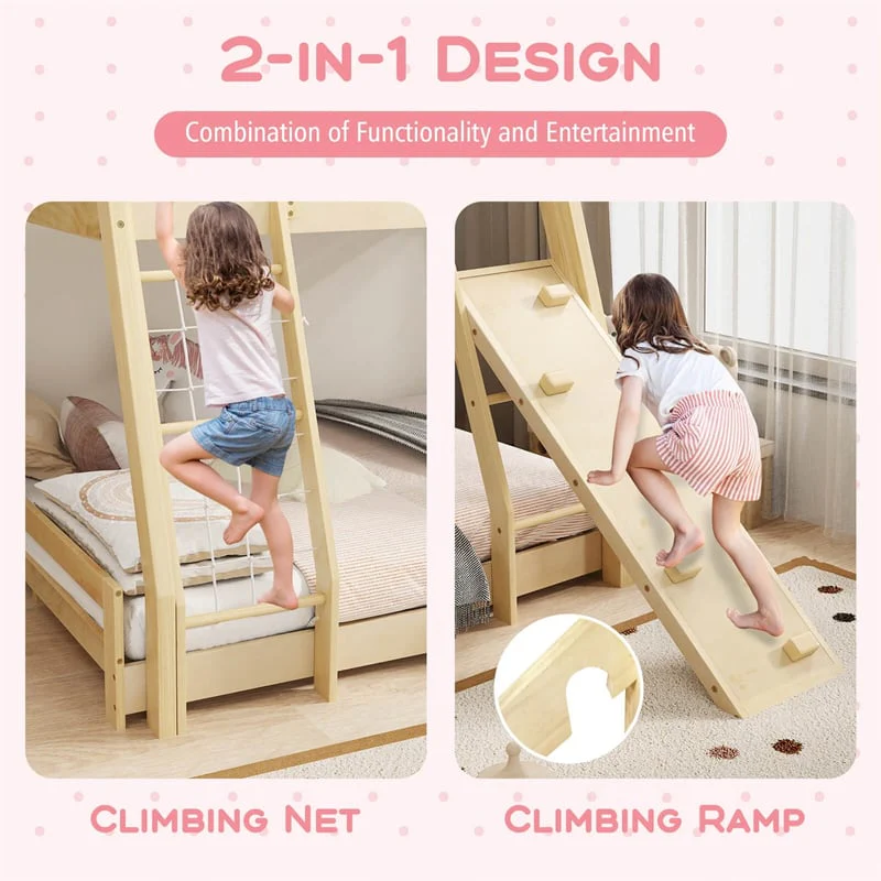 Eletriclife Twin Over Queen House Bunk Bed with Climbing Nets & Ramp for Kids Adults