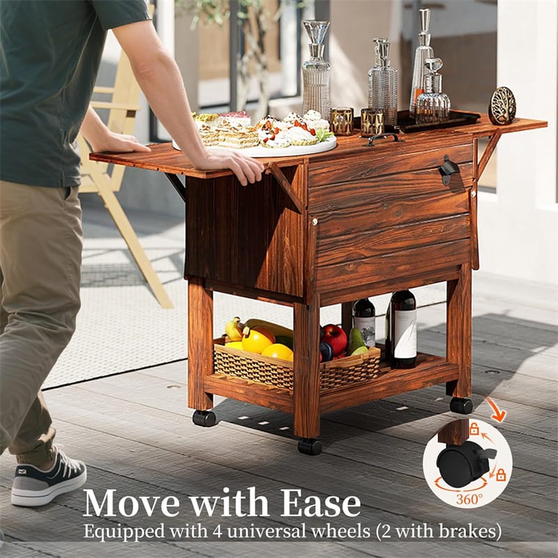 Eletriclife 54 Quart Wooden Rolling Cooler Cart Patio Ice Chest with 2 Drop Leaf Tables for Beverage Bar Party