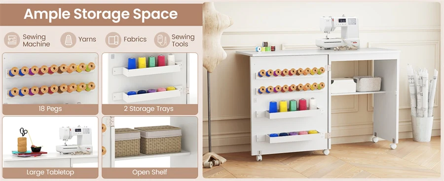 Eletriclife Folding Sewing Table Farmhouse Sewing Machine Cabinet with Barn Door, 18 Pegs & 2 Storage Trays
