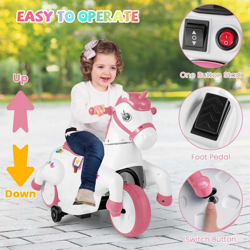 Eletriclife 12V Unicorn Ride on Toy with Training Wheels and Horse Riding Mode