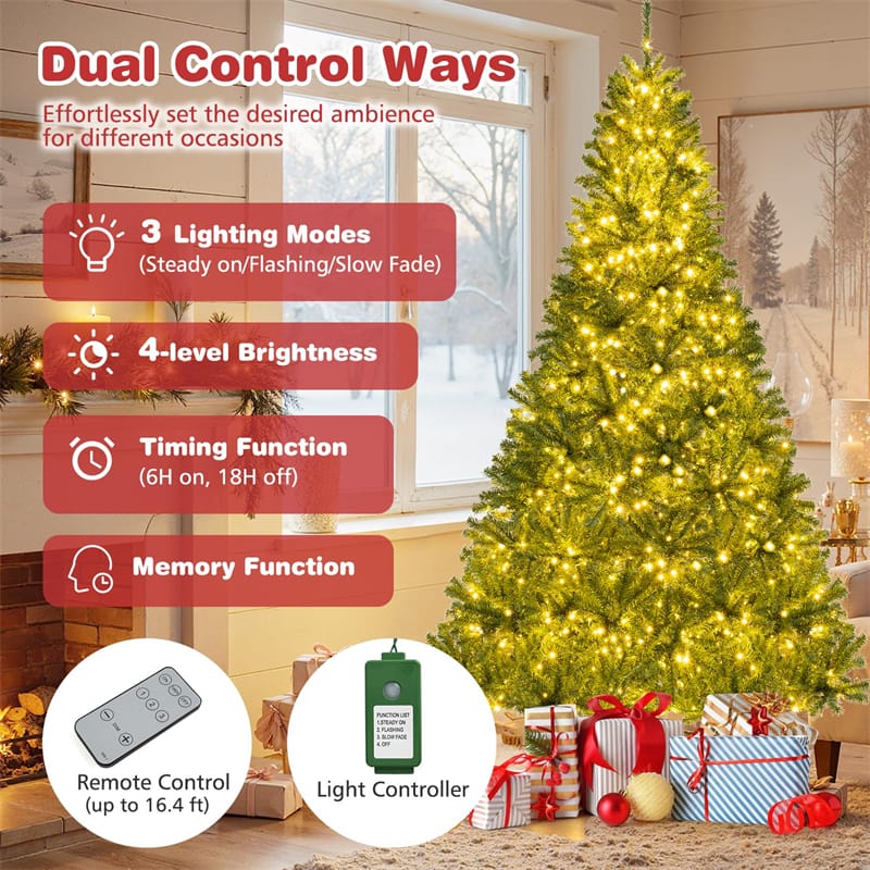 6/7/8FT Pre-Lit Artificial Christmas Tree Hinged with Remote Control & Warm White LED Lights for Holiday Decor
