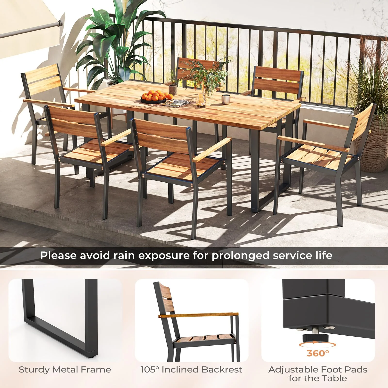 Eletriclife 7 Pieces Acacia Wood Patio Dining Set with 2 Inches Umbrella Hole