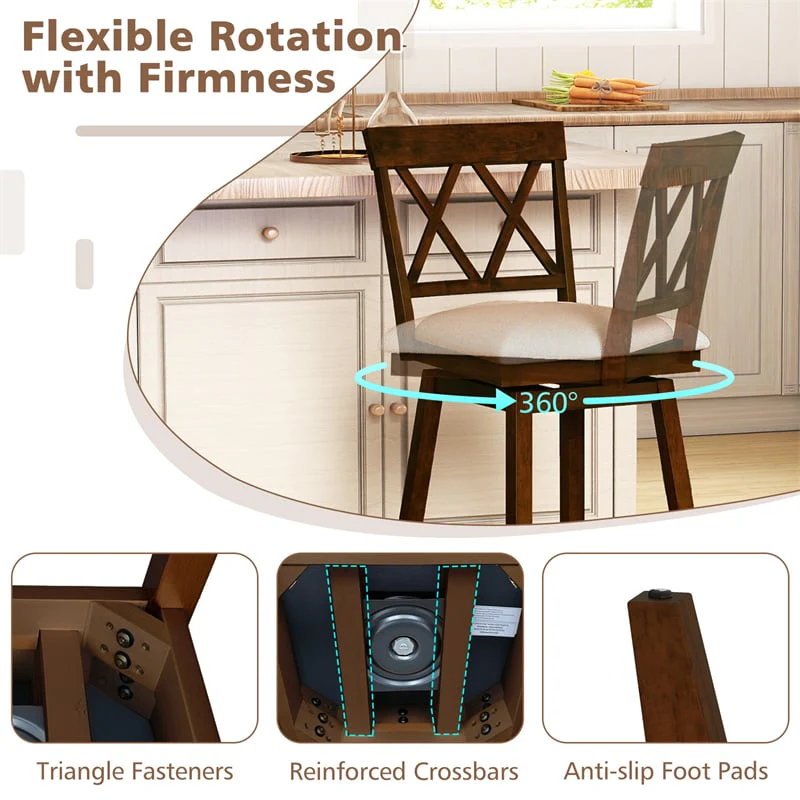 Eletriclife Swivel Bar Stools Set of 2, 24" Counter Height with Backrest, Padded Seat & Rubber Wood Frame for Kitchen Islands