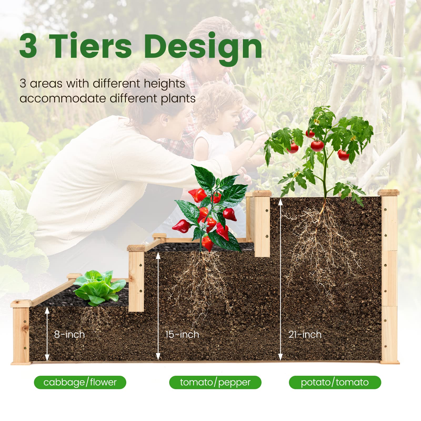 Eletriclife 49" x 49" x 22" 3-Tier Raised Garden Bed Fir Wood Elevated Planter Box