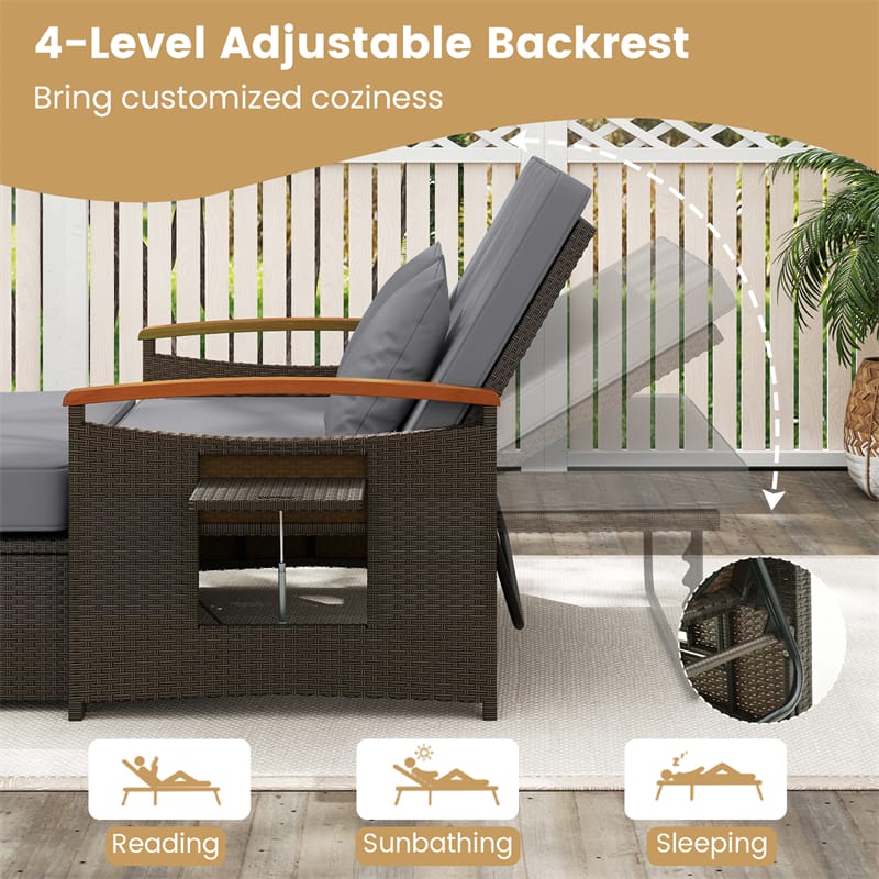 Eletriclife Adjustable Patio Rattan Daybed 2-Person Outdoor Wicker Loveseat with Storage Ottoman