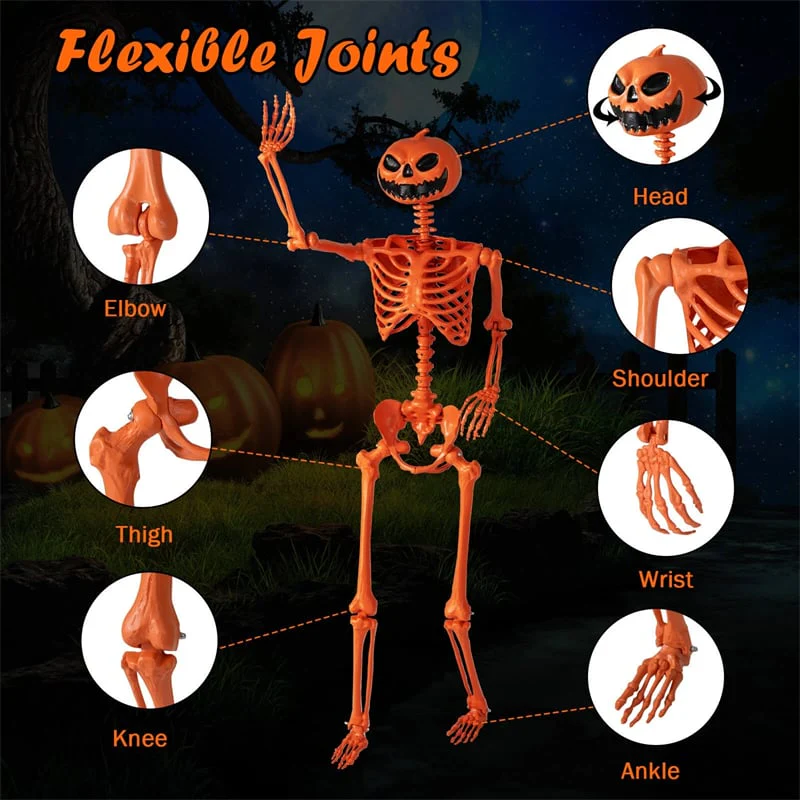 Eletriclife 5.2 FT Orange Pumpkin Head Skeleton Life-Size Poseable Halloween Skeleton for Indoor Outdoor Decor