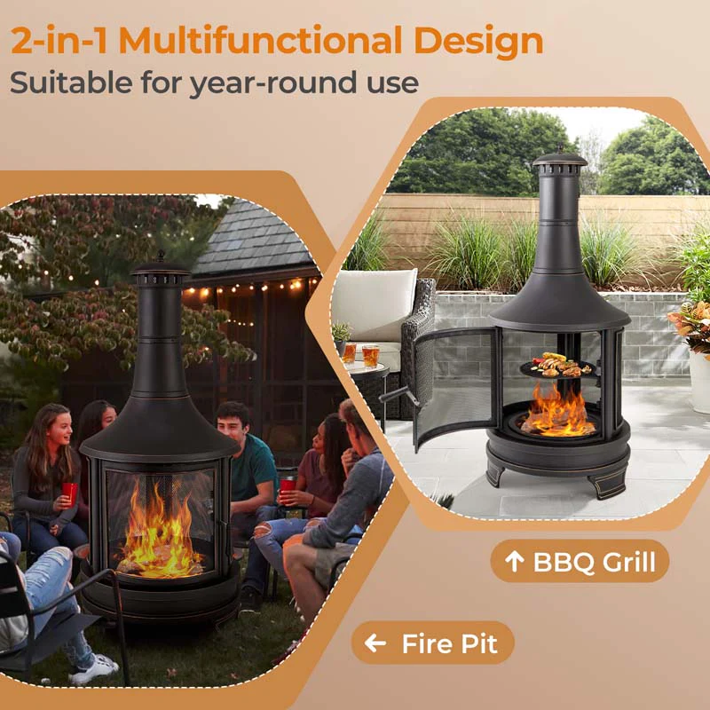 Eletriclife 30 Inch Outdoor Fire Pit Chininea with Grill for Garden Backyard BBQ Bonfire Deck and Patio