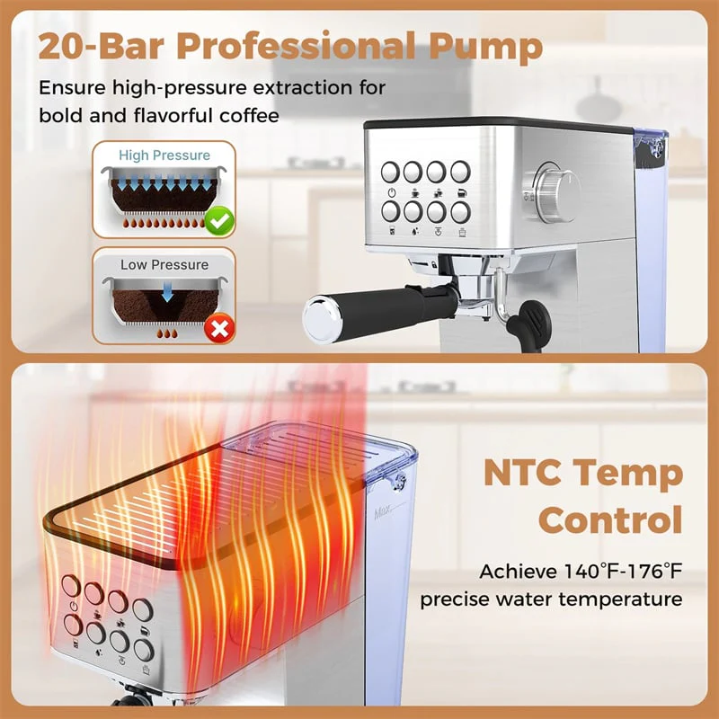 Eletriclife 20 Bar Compact Stainless Steel Espresso Machine with Milk Frother for Latte, Cappuccino & Cold Brew