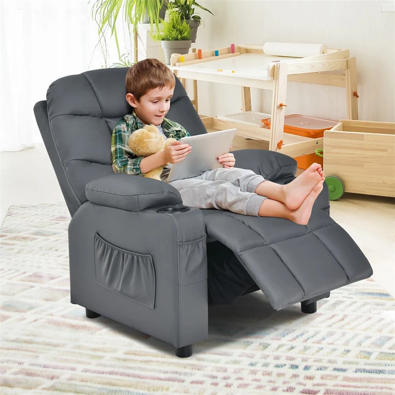 Eletriclife Kids Recliner Chair PU Leather Adjustable Lounge Sofa with Cup Holder